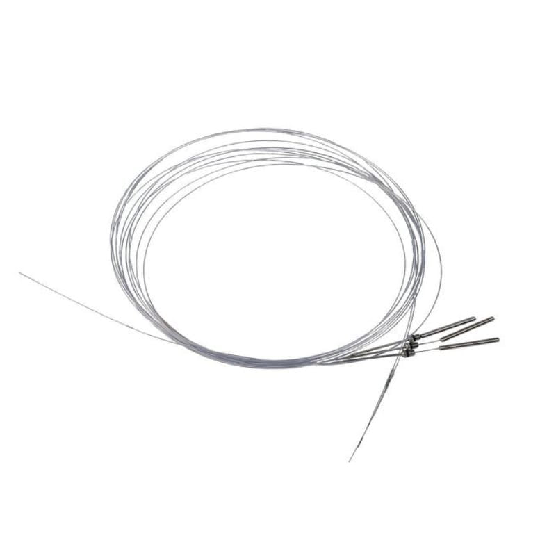 Coiled metal cable with two connectors on a white background