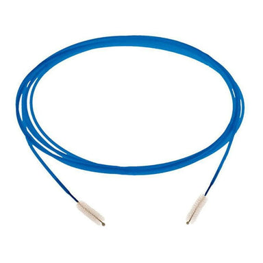 Coiled blue cable with white ends on a white background