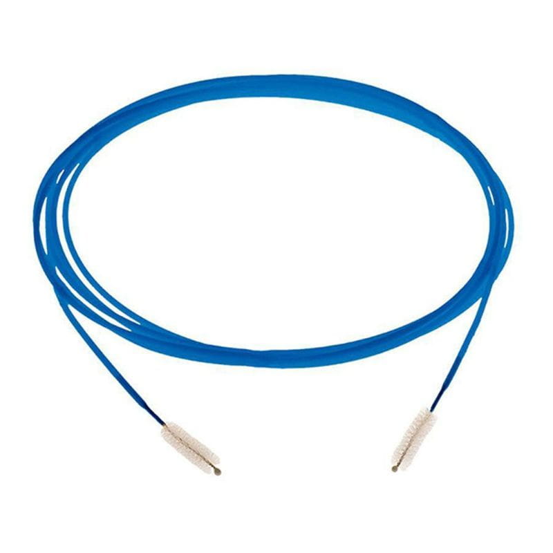 Coiled blue cable with white ends on a white background