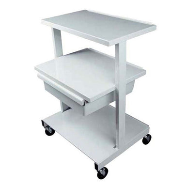 White rolling cart with adjustable shelves on a white background