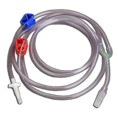 Clear plastic tubing with various colored connectors on a white background
