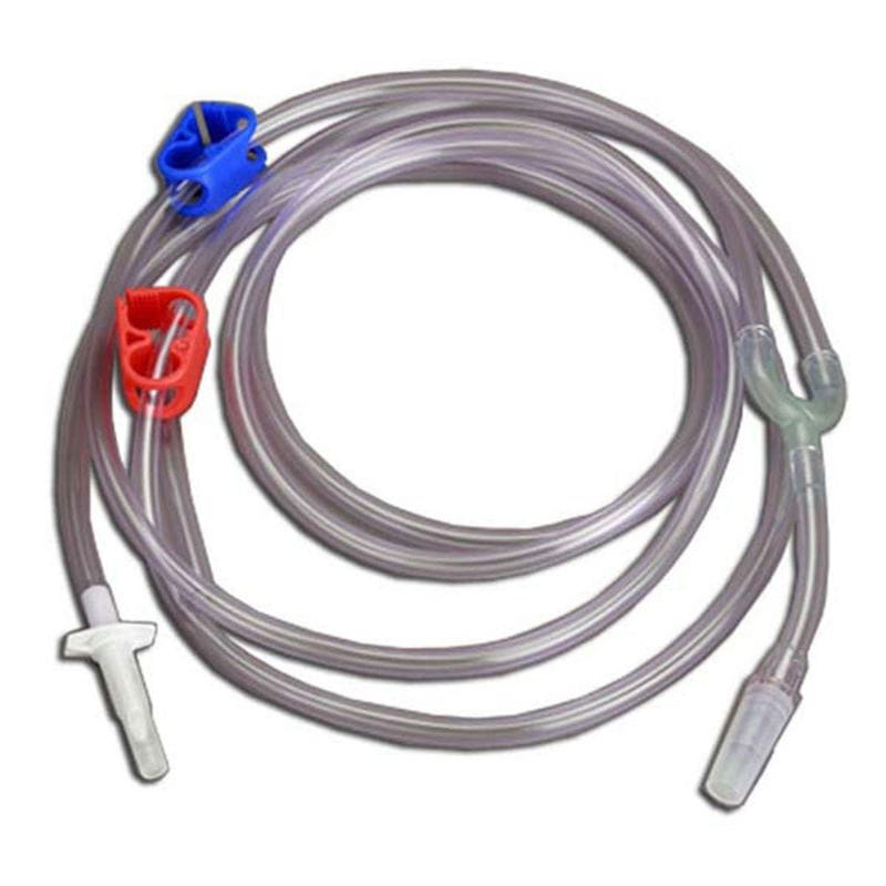 Clear plastic tubing with various colored connectors on a white background