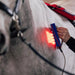 Person using a red light device on a horse's back