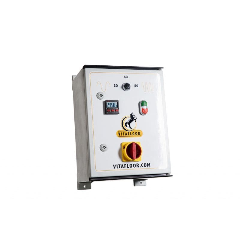 vitafloor vibration plate control panel with buttons and display on a white background, featuring the 'Vitafloor' brand.