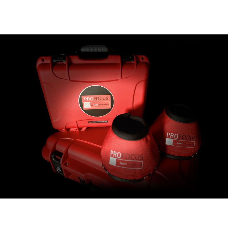 Red 'Pro Focus' cases and accessories on a black background