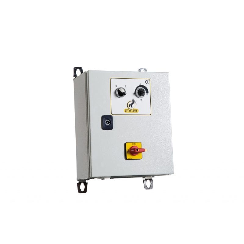 vitafloor vibration plate control panel with various buttons and a warning label on a white background
