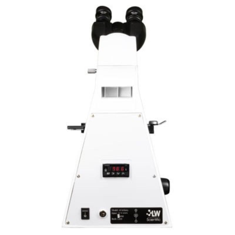 Microscope with binoculars on a white background