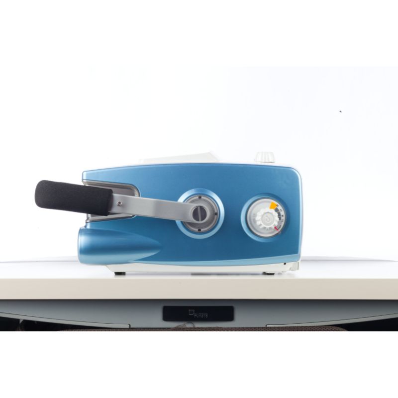 Blue and white appliance with a handle on a white background