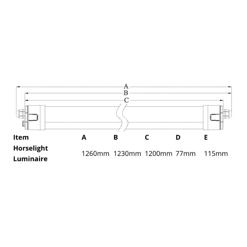 Technical drawing of a horselight luminaire with labeled dimensions on a white background