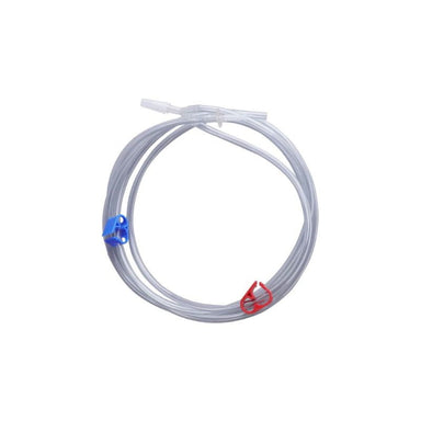 Coiled white tube with blue and red connectors on a white background