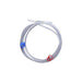 Coiled white tube with blue and red connectors on a white background