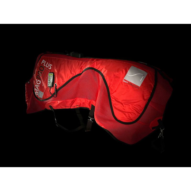 Red horse blanket with visible brand logo on a black background