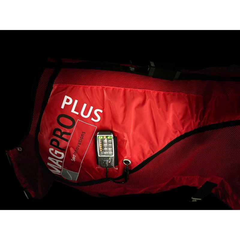 Red horse blanket with 'MagPro Plus' branding and a digital display on a black background