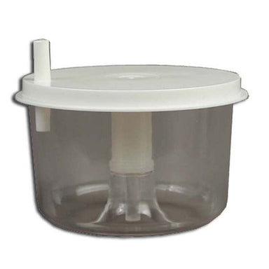 Clear plastic container with a white lid on a white background