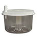 Clear plastic container with a white lid on a white background