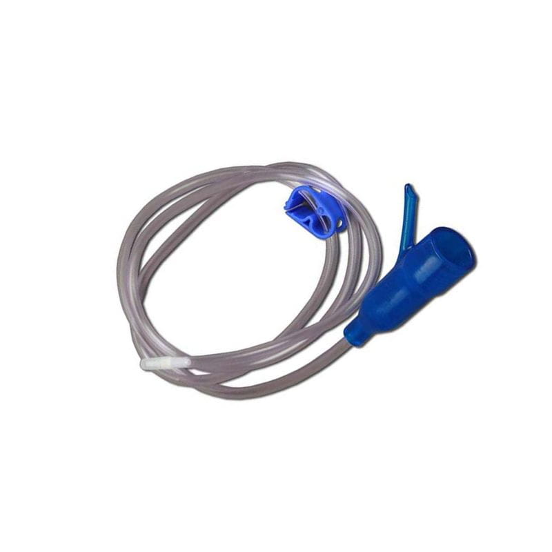 Clear plastic tubing with blue connectors on a white background