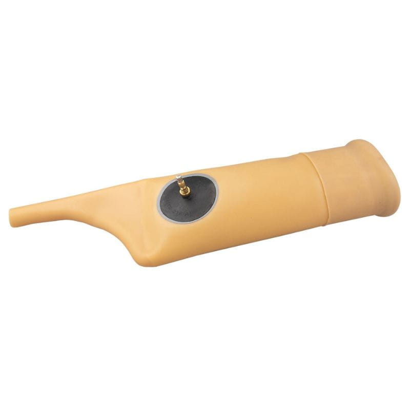 Beige ear cleaning tool with a gray center on a white background