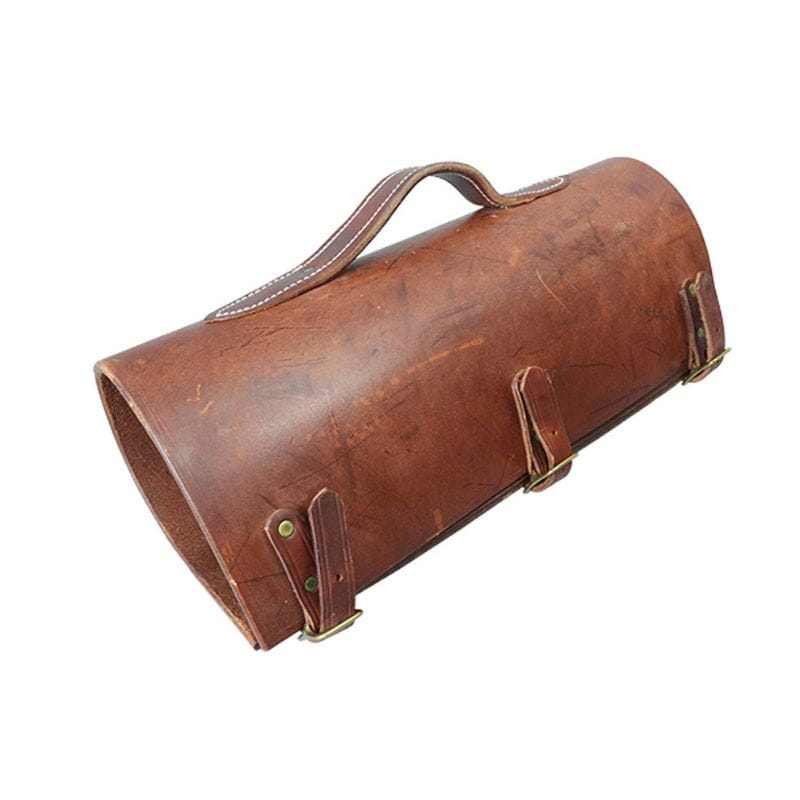Brown leather roll with handles on a white background