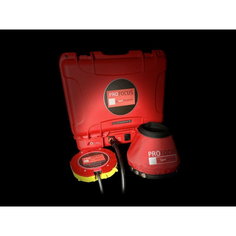 Red PROTOCUS laser level set with case on a black background