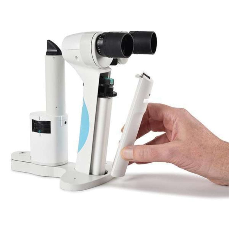 Medical device with a hand holding a handheld tool on a white background