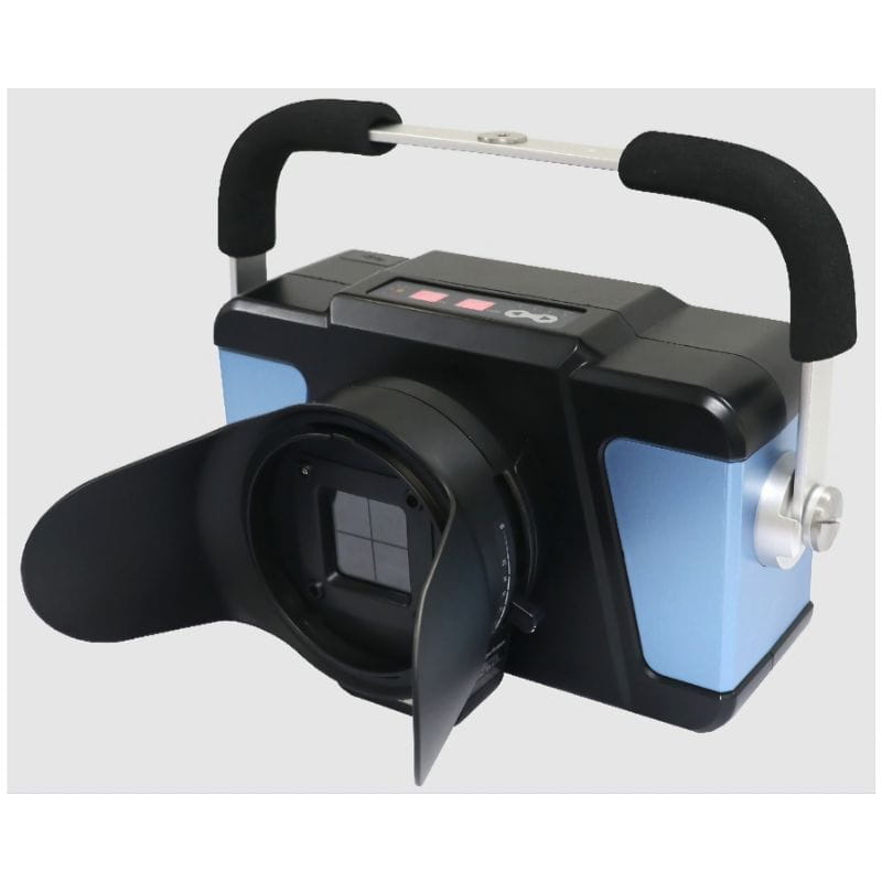 Camera with a blue body and black handle on a white background