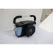 Black and blue device with a handle on a white surface