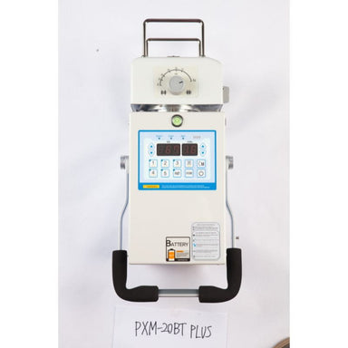 White electronic device with digital display and control panel on a white background