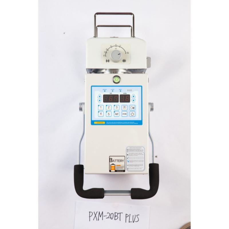 White electronic device with digital display and control panel on a white background