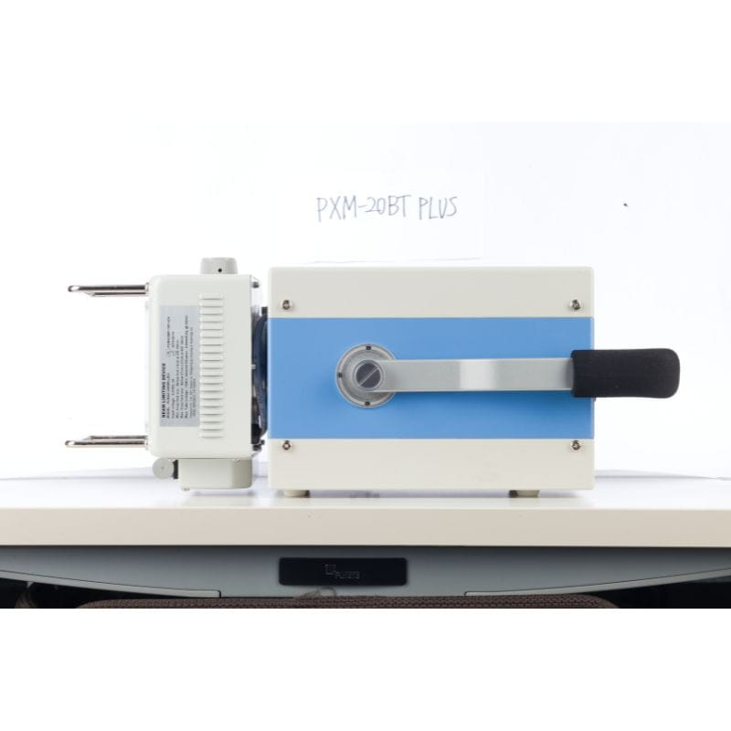 Mechanical device with blue and white color scheme on a white background