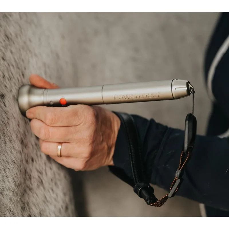 hand holding a powermedic laser in sand color on white horse