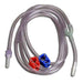 Clear plastic tubing with red and blue connectors on a white background