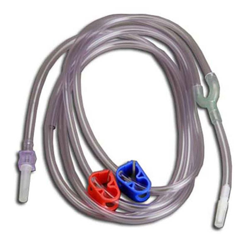 Clear plastic tubing with red and blue connectors on a white background