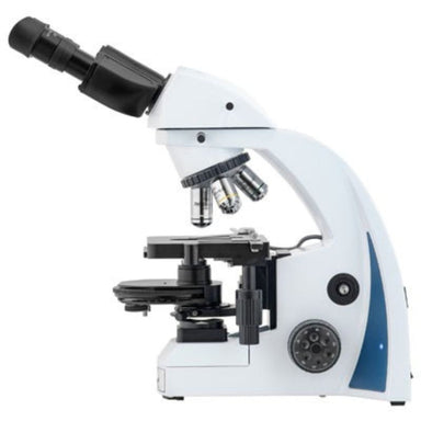 White and blue compound microscope on a white background