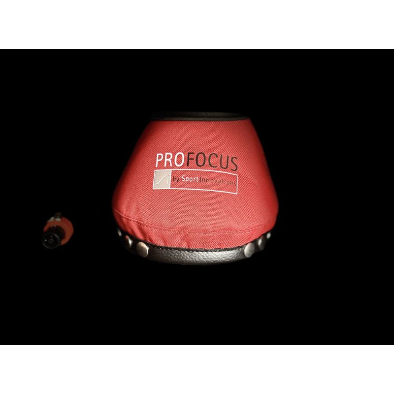 Red Pro Focus air filter on a black background