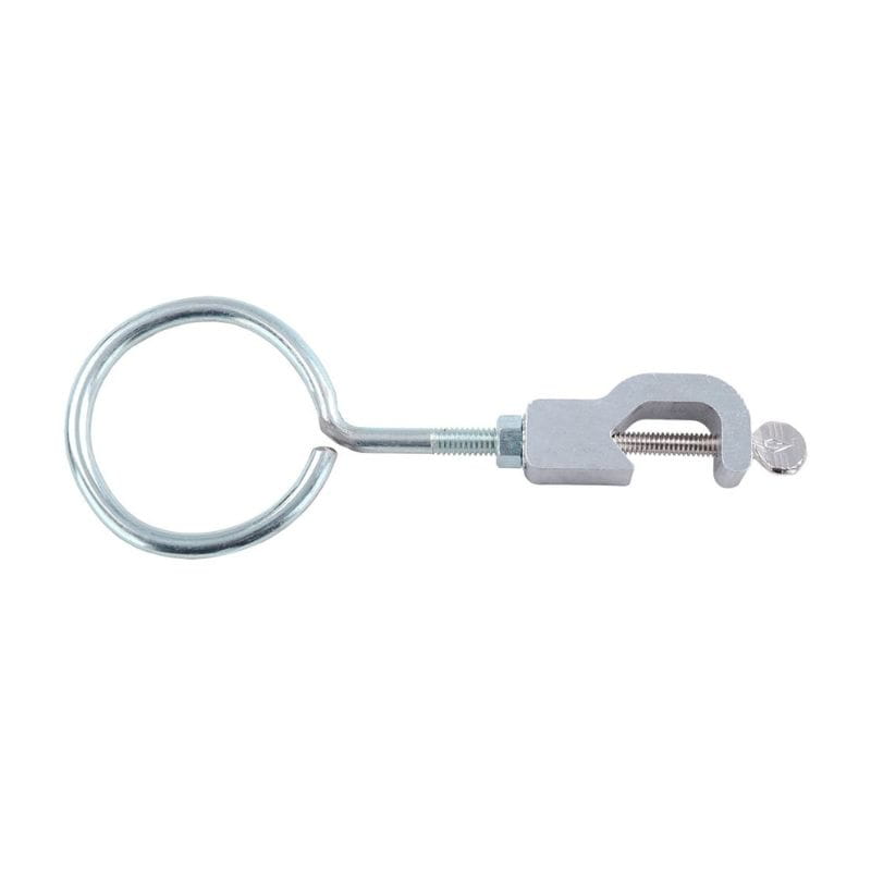 Metal clamping device with a ring on a white background