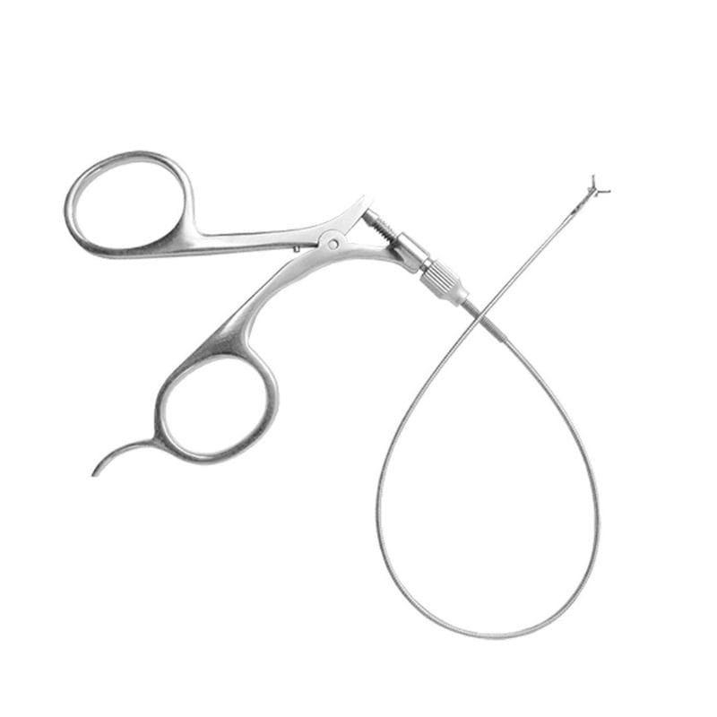 Pair of surgical scissors with a long needle on a white background