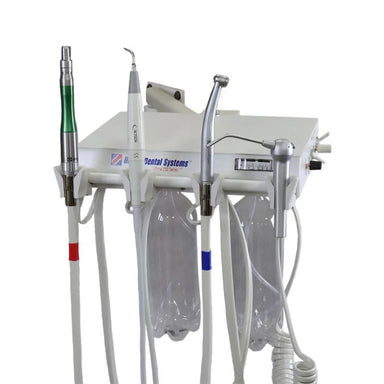 A white dental operatory wall unit with multiple handpieces, tubing, and clear air/water reservoirs on a plain white background.