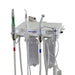 A white dental operatory wall unit with multiple handpieces, tubing, and clear air/water reservoirs on a plain white background.