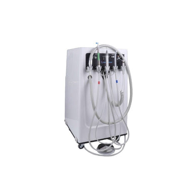 A white medical oxygen concentrator machine with attached gray tubing, connectors, and a control panel, shown on a plain white background.