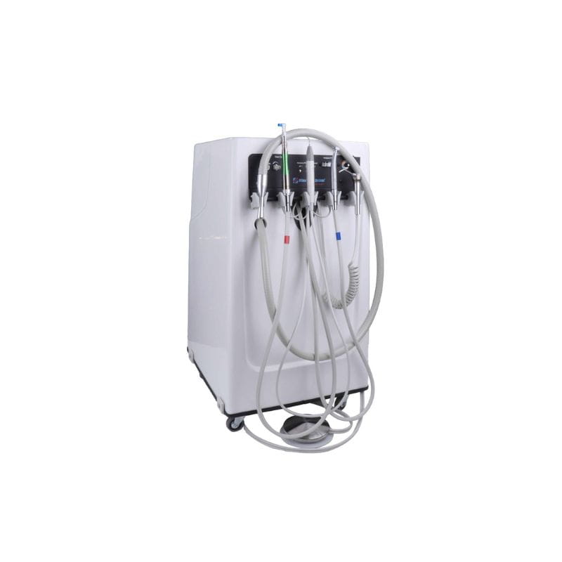 A white medical oxygen concentrator machine with attached gray tubing, connectors, and a control panel, shown on a plain white background.