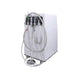 A white dental or medical machine with multiple gray hoses, metal tubes, and control knobs on a plain white background.