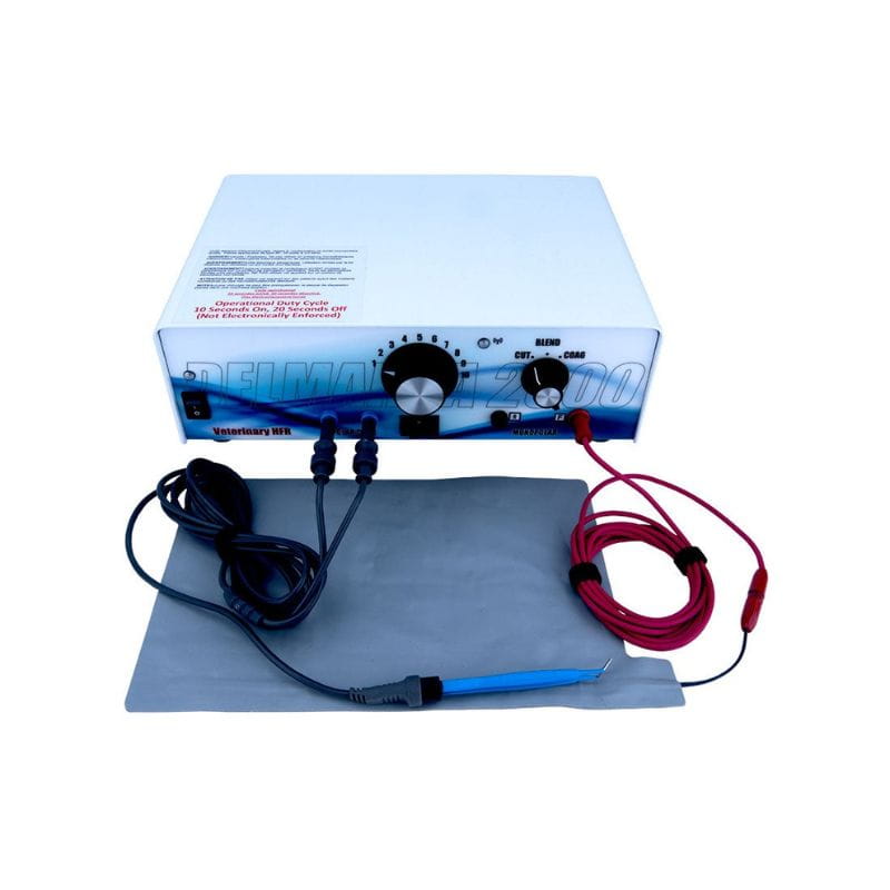 A TENS unit electronic therapy device with its attached cables and a gray electrode pad on a white background. The white and blue device features two black control knobs, and the cables include red and black connectors.