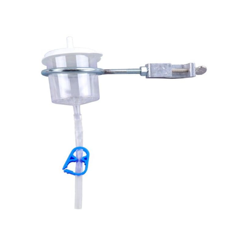 Veterinary device with a clear container, tube, and metal clip on a white background