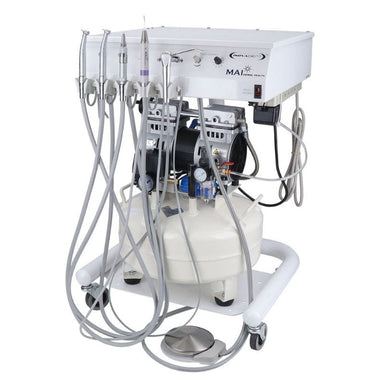 A dental mobile operating unit with multiple handpieces, tubing, a white control box labeled MA12, and a large white air reservoir on a wheeled base against a plain white background.