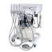 A dental mobile operating unit with multiple handpieces, tubing, a white control box labeled MA12, and a large white air reservoir on a wheeled base against a plain white background.