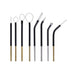 A set of seven dental or craft hand tools with black handles, silver metal shafts, and gold-colored ferrules, arranged vertically on a plain white background.