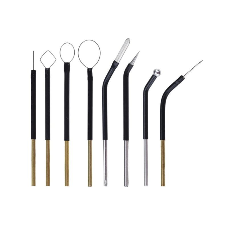 A set of seven dental or craft hand tools with black handles, silver metal shafts, and gold-colored ferrules, arranged vertically on a plain white background.