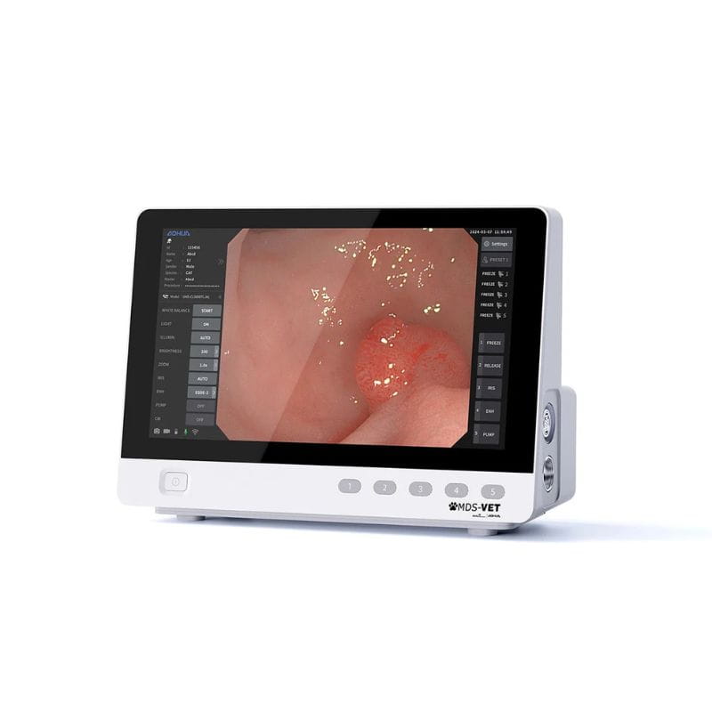 A HOS VET endoscopy monitor with a white casing and a black bezel, displaying a live internal view on its screen, set against a plain white background.