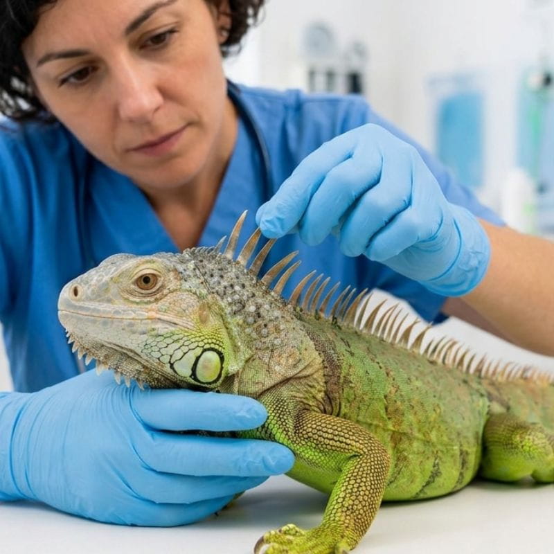 A green iguana resting on a white surface while being examined by a veterinarian wearing blue scrubs and blue nitrile gloves.
