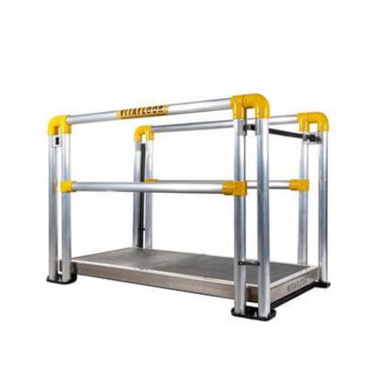 vitafloor vibration plate Metal storage rack with yellow safety indicators on a white background